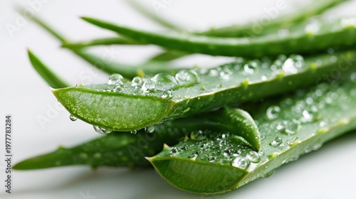 A close-up of fresh aloe vera leaves with water droplets gently resting on them, set against a white background to emphasize their natural purity