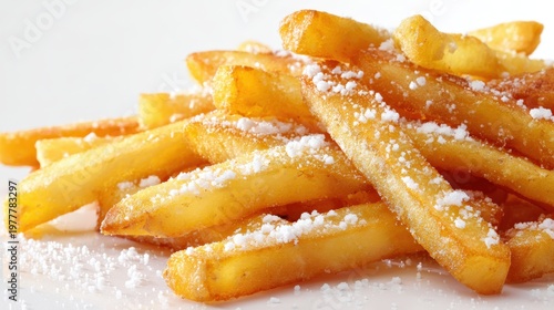 A close-up of freshly fried white-back fries, golden and crunchy, with a light dusting of salt, set against a pristine white background for a clean and appetizing presentation