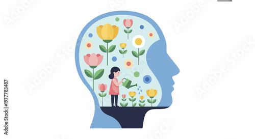 A person tending to a garden of flowers inside a silhouette of a human head.