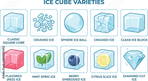 A detailed vector illustration showcasing a comprehensive assortment of various ice cube types and shapes, perfect for enhancing refreshing drinks, beverages, and cocktail presentations