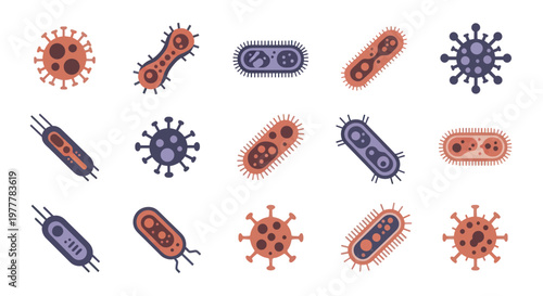 Collection of diverse virus and bacteria illustrations in various shapes and colors.