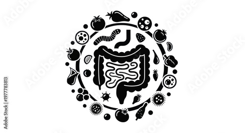 Human Digestive System and Healthy Food Icons Representing Gut Health.