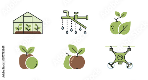 Modern Agriculture Icons Set Greenhouse Irrigation Fruits Drone Technology.