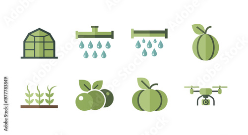 Modern Agriculture Icons Set Greenhouse Irrigation Fruits Vegetables Drone.