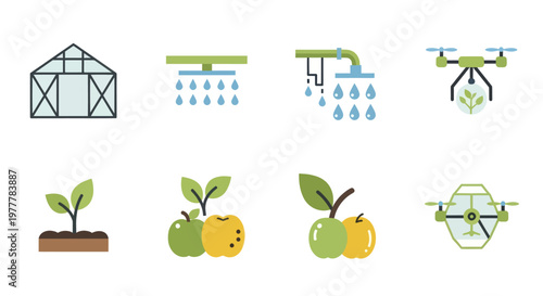 Modern Agriculture Technology Icons Set Greenhouse Drone Irrigation Plants.