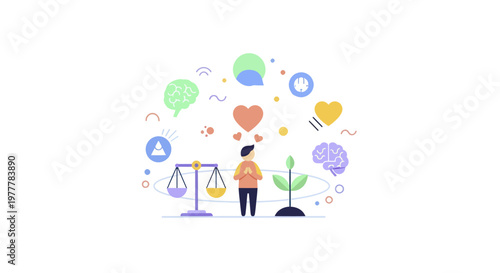 Person contemplating life balance and personal growth with symbolic icons.