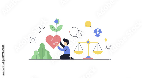 Person tending to a growing heart symbol with scales of justice nearby.