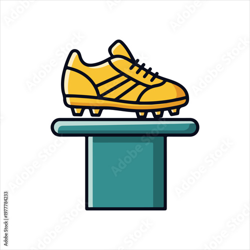 A vibrant yellow soccer cleat with black laces and stripes prominently displayed on a teal pedestal ready for a game.