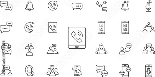 Set of Line Icons Representing Communication, Notifications, Calls, Messaging, and Social Interaction for Digital Communication and Customer Support