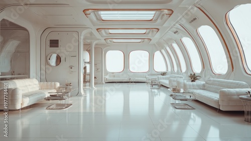Modern Minimalist Airplane Lounge Interior with Futuristic Design and Ample Seating Space