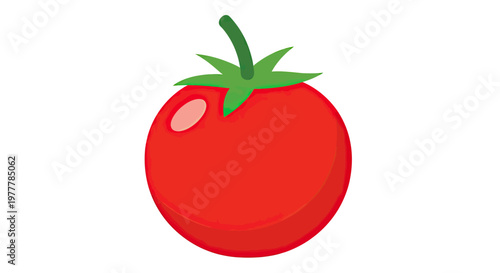 A vibrant red tomato with green leaves and stem on a white background