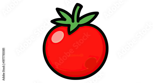 A simplistic illustration of a red, round fruit with a green stem and leaves