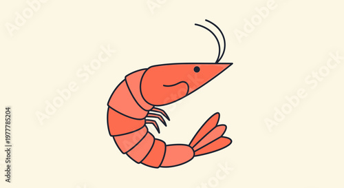 A simple, stylized coral-colored shrimp with dark outlines