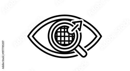 Eye with magnifying glass focusing on globe and upward arrow, symbolizing research and discovery