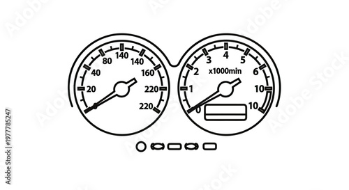 Line art depicting a speedometer and tachometer, car instruments