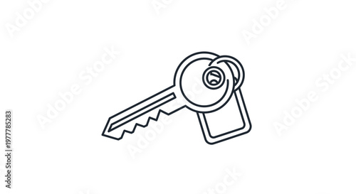 Minimalist line art of a key with a tag attached to its ring