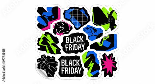 Black Friday Sale Abstract Shapes Stickers, Neon Colors, Grunge Style