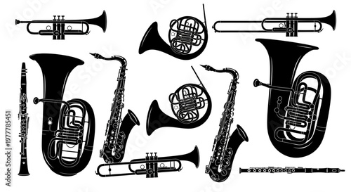 Black Silhouette Musical Instruments Collection - Brass and Woodwind Instruments