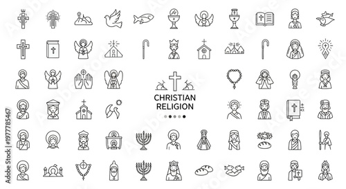 Christianity Religion Icons Set: Cross, Bible, Angel, Church, Rosary, Dove, Fish