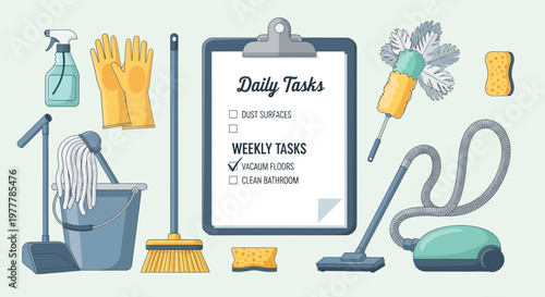 Cleaning supplies and daily task list on clipboard, home hygiene concept