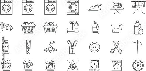 Set of Laundry and Clothing Care Icons Featuring Washing Machines, Ironing, Dry Cleaning, Detergents, and Garment Care Symbols