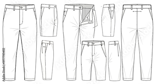 Fashion Flat Sketch: Men's Trousers, Multiple Views - Front, Back, Side, Detail