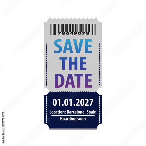 Save the date ticket invitation for a wedding or event