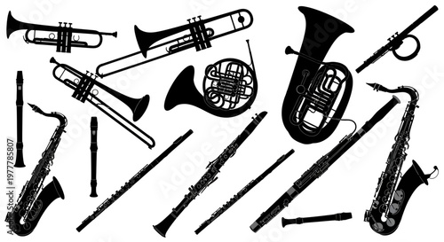 Collection of Silhouetted Musical Instruments: Brass and Woodwind Instruments