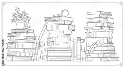 Vintage Bookshelf Illustration: Stacked Books, Magnifying Glass, Quill, Inkwell, and Potted Plant