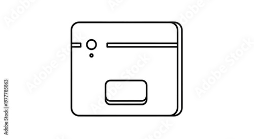Top view, minimalist line art of a square robot vacuum cleaner with a circular sensor