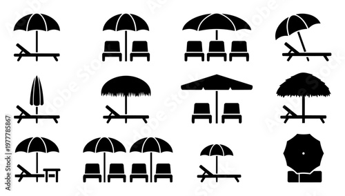 Beach Umbrella and Sun Lounger Silhouettes Solid Black Minimal Travel Icon Set