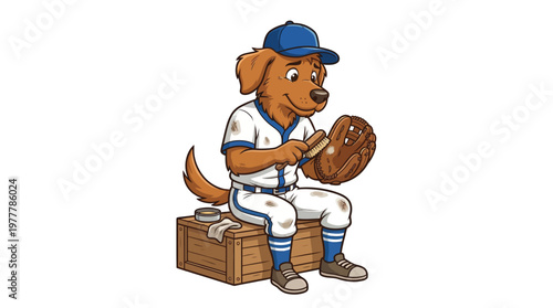 Cute Golden Retriever Dog Cartoon Character Wearing Baseball Uniform Cleaning a Leather Catcher Glove
