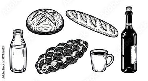 Assortment of baked goods and beverages in a vintage style.