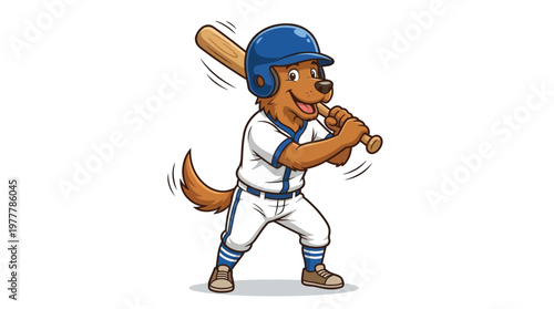 Cute Dog Baseball Player Mascot Character in Batting Pose Holding a Wooden Bat Illustration