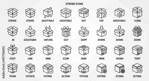 Set of Stroke Icons: Shipping Boxes, Packaging, Delivery, Logistics, Storage, Unboxing
