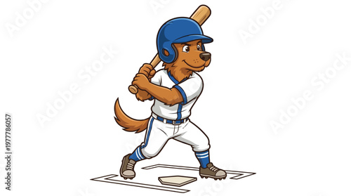 Athletic Brown Dog Baseball Player Mascot Character in Batting Stance Wearing Blue Helmet and Uniform