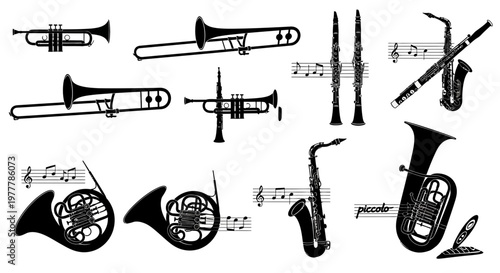 Collection of Black Silhouettes of Musical Instruments and Sheet Music on White Background