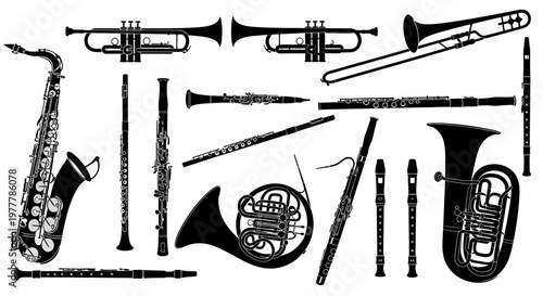 Silhouette Collection of Musical Instruments: Brass and Woodwinds