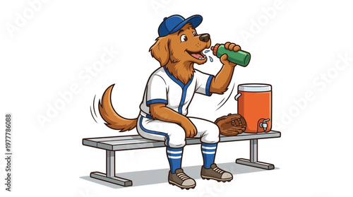 Cute Athlete Dog Character Wearing Baseball Uniform Drinking Water After Game on Bench