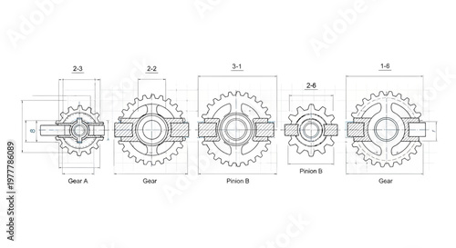 Technical Drawings of Gears and Sprockets: Engineering Blueprints
