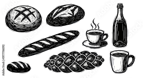 Assortment of freshly baked bread, coffee, and a bottle of drink in a hand-drawn style.