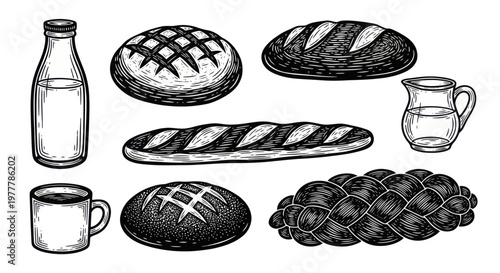 Assortment of freshly baked bread loaves and dairy products.