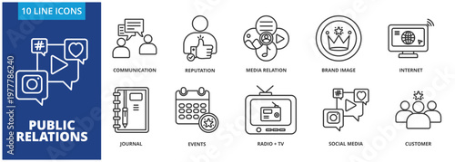 Public relations icon set collection in outline style. Containing Communication, reputation,media relation, brand image,   internet, journal,  events, radio+tv, social media, customer,