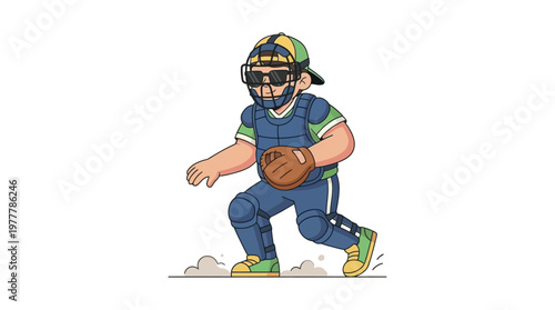 Little Boy Baseball Catcher Mascot Character Wearing Full Protective Uniform and Sunglasses Cartoon Illustration