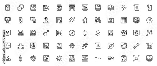 Game development icon set. Vector icons pack for video game design. Includes symbols for level, controller, programming, map, terrain, mechanics, trophy and more. Editable stroke.