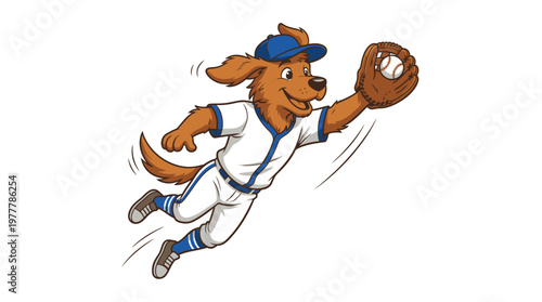 Energetic Cartoon Dog Baseball Mascot Catching a Ball in Mid-Air Illustration