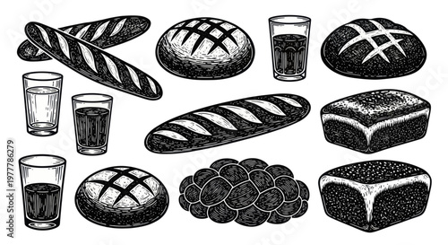 Assortment of freshly baked bread loaves and glasses of beverages.