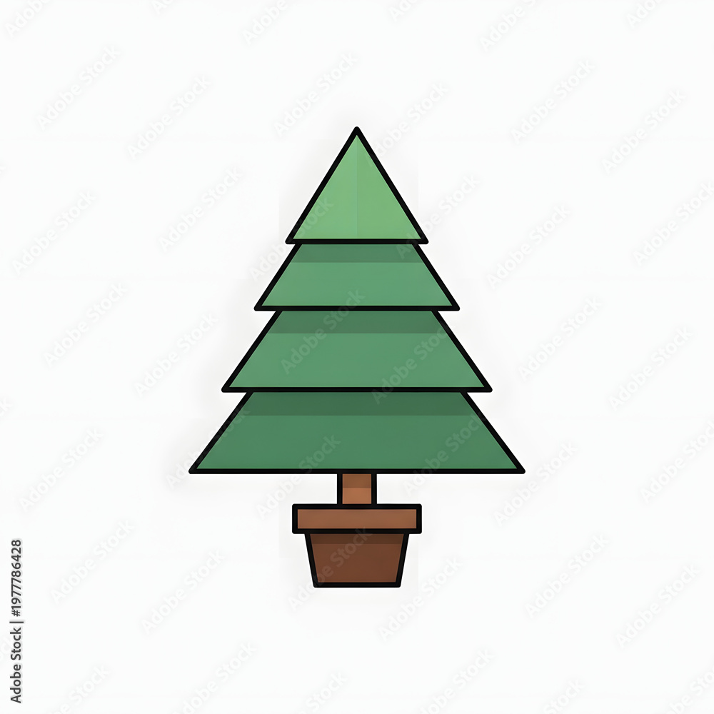 Fototapeta premium A stylized, cartoonish illustration of a green evergreen tree in a brown pot, set against a white background.