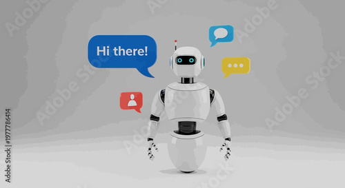 Friendly robot chatbot with speech bubbles, AI communication and customer service concept