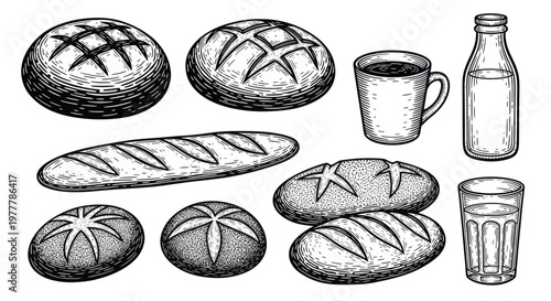 Assortment of freshly baked bread loaves and rolls with beverages.